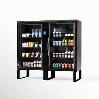 Double-door beverage cooler with glass doors displaying assorted drinks.