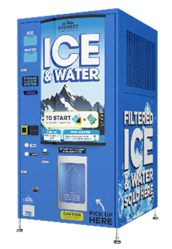 Vending machine dispensing filtered ice and water.