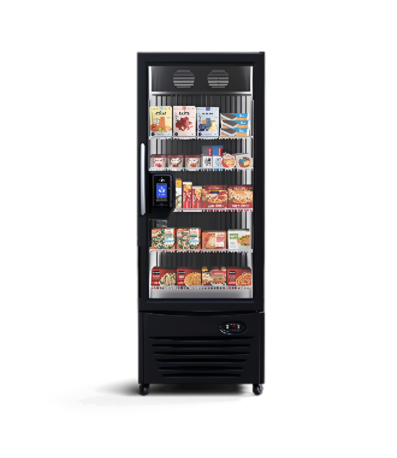 A commercial glass-door freezer filled with various frozen foods and ice cream.