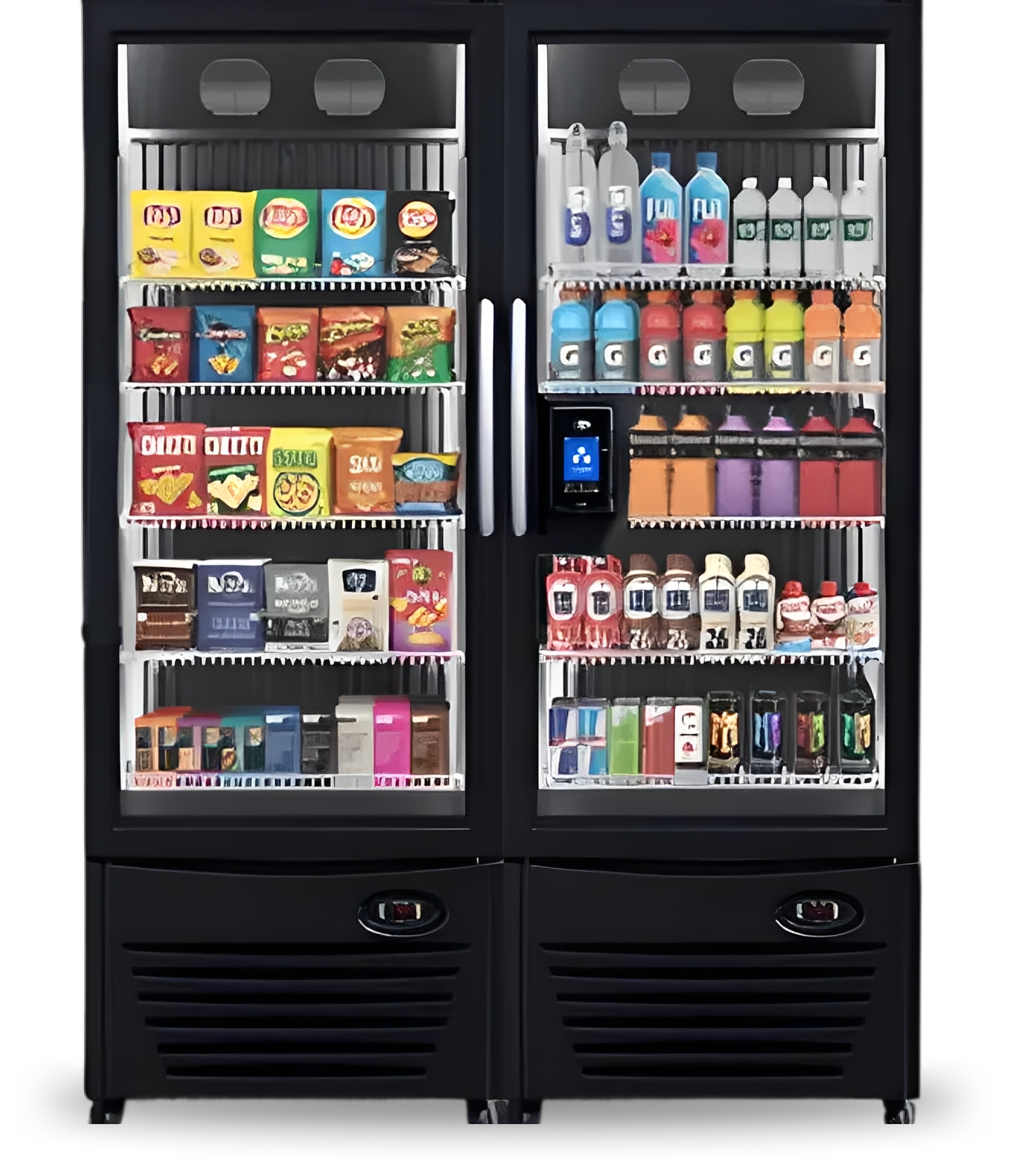 Two glass-door refrigerators stocked with various beverages and snacks.