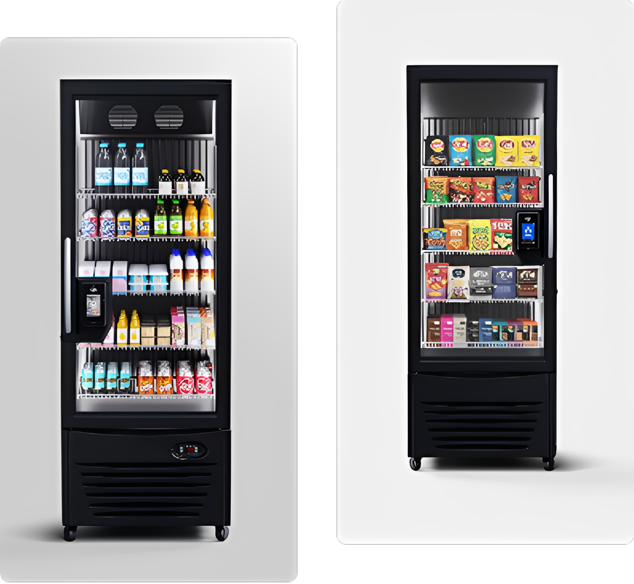 Two refrigerated vending machines stocked with drinks and snacks.